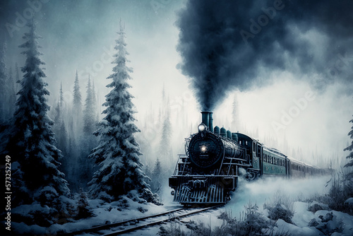 Train in a foggy winter forest, smoke, smog. AI