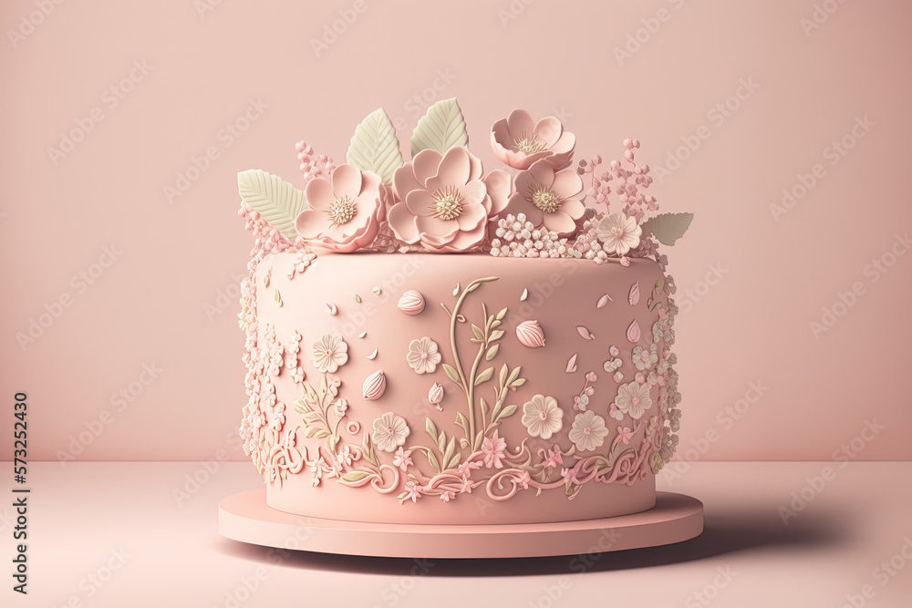 Pink birthday cake with flowers. AI Pink birthday cake with flowers. AI
