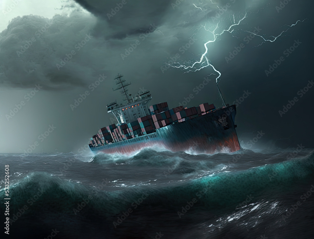 Cargo ship with containers on deck in storm sea and stormy sky, cargo transportation in bad weather. Cargo vessel carrying export goods in ocean, reliable cargo carrier, generative AI - obrazy, fototapety, plakaty 