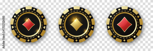 Diamonds suit chips. Set of gold and black and red poker chips. Gambling tokens with suits for poker and casino and roulette. Vector illustration. For game design, advertising web banner and poster.