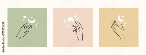 Mystical and esoteric vector cards in trendy minimal lineart style. Vector in boho style hands and mystical objects