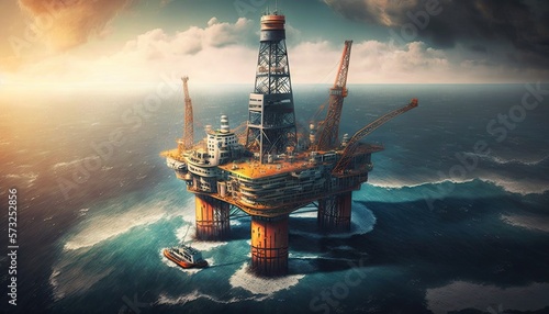Oil rig platform in open sea on beautiful sunset, offshore oil production platform for extract petroleum and natural gas beneath seabed. Big oil offshore platform in ocean, generative AI photo
