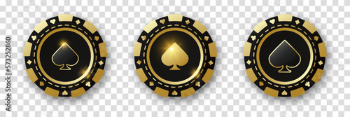 Spades suit chips. Set of gold and black and poker chips. Gambling tokens with suits for poker and casino and roulette. Vector illustration. For game design, advertising web banner and poster.