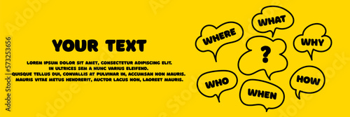 Brainstorming concept. Many questions. Problem solving. What, how, why, for what and where. Place for your text. Business web banner. Vector illustration.