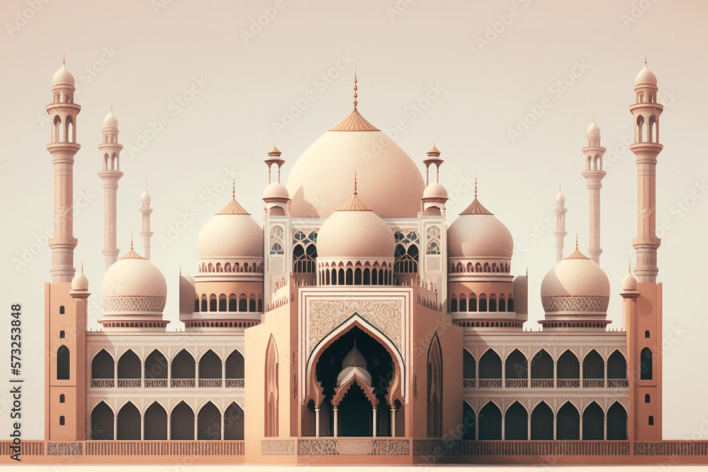 Modern and minimalist illustration of a mosque with a solid background. Clean and simple look. Generative AI