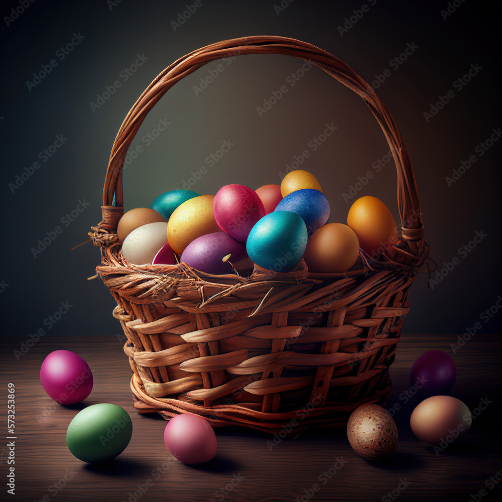Wicker basket full of Easter eggs. Ai generative.