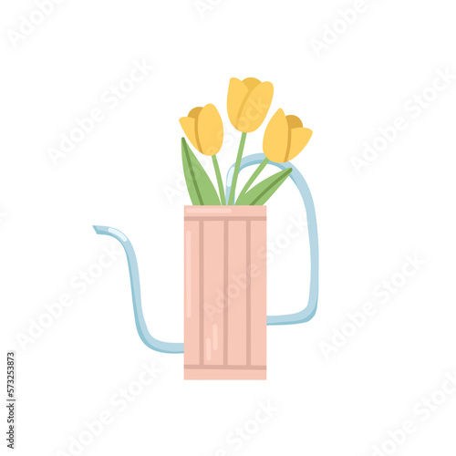 Pink watering can with stripes on the body and a thin metal nose with yellow tulips inside