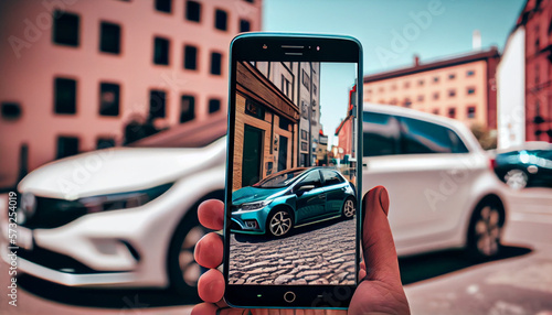 Online ride sharing and carpool mobile application. Rideshare taxi app on smartphone screen. Modern people and commuter transportation service. Man holding phone with a car in background. photo