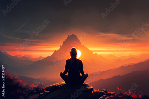 Woman in lotus position on top of the mountain. Trains yoga at sunrise, sunset. Ai generative © dreamer82