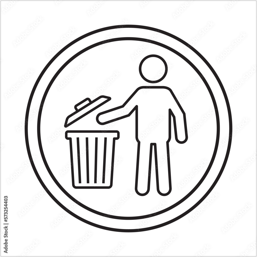 Throw the trash into the bin sign. Tidy man throws garbage in the trash bin signs. Keep clean please icon. Throw the trash into the bin sign. Tidy man throws garbage in the trash bin signs. Keep clean please icon.