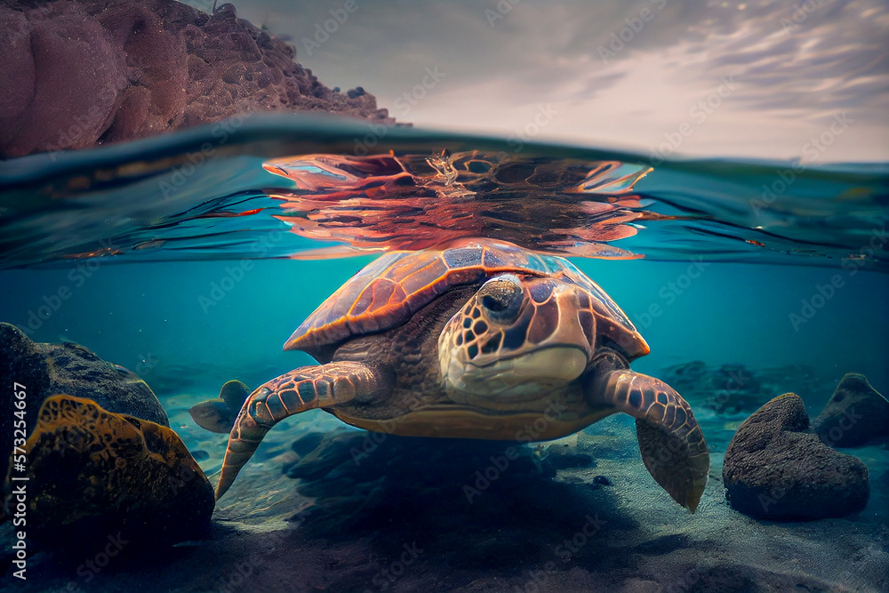 Obraz premium A content sea turtle resting on a rocky outcropping, surrounded by crystal-clear water.