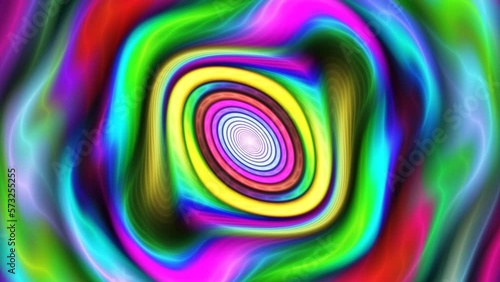 Multicolor oval spiral rotating and coalescing to single whole on dark. Round motion of circle maze. Hypnotic fractal coruscating background. Colorful circumvolution, metamorphoses. 4K UHD 4096x2304
 photo