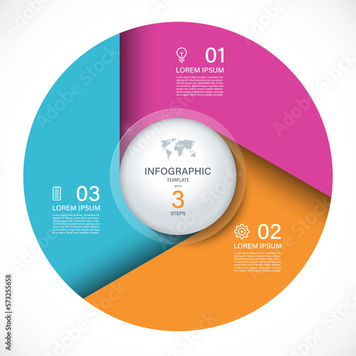 Vector infographic circle. Cycle diagram with 3 steps. Round chart that can be used for report, business analytics, data visualization and presentation.