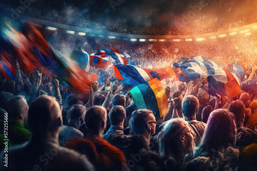 Digital painting of Support. Back view of football, soccer fans cheering their team. Concept of sport, cup, world, team, event, competition (ai generated)