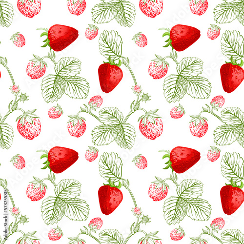 Seamless pattern with flowers and berries of strawberry on white background. Template for kitchen design, packaging for food, paper, textiles.