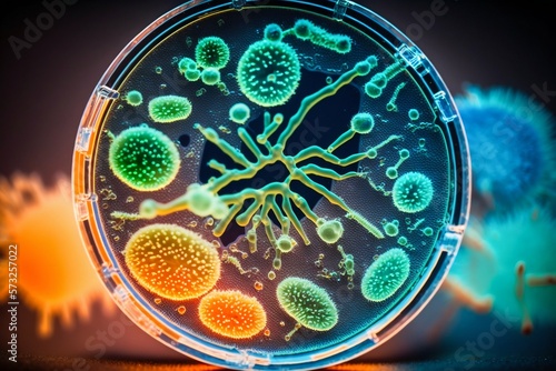 Virus and bacteria macro in Petri dish. Generative AI