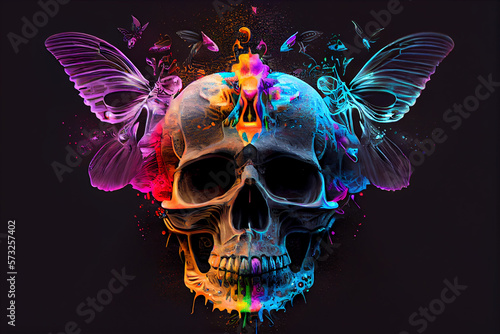 Menschlicher Totenkopf mit Blumen auf schwarzen Hintergrund - Generative Ai photo