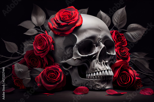 Schwarz weiß Colorkey von einem menschlichen Totenkopf mit roten Rosen - Generative Ai