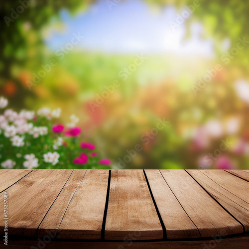 Blur colorful flower field with wooden table top blank space.