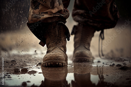 soldier boots in the rain, bad weather in the war illustration Generative AI