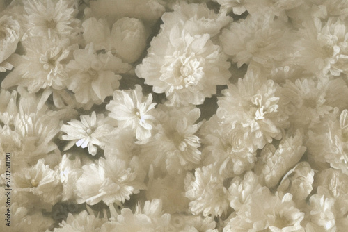 Flowers on a cream colored background in haze. Ultra detailed film photography. AI generative