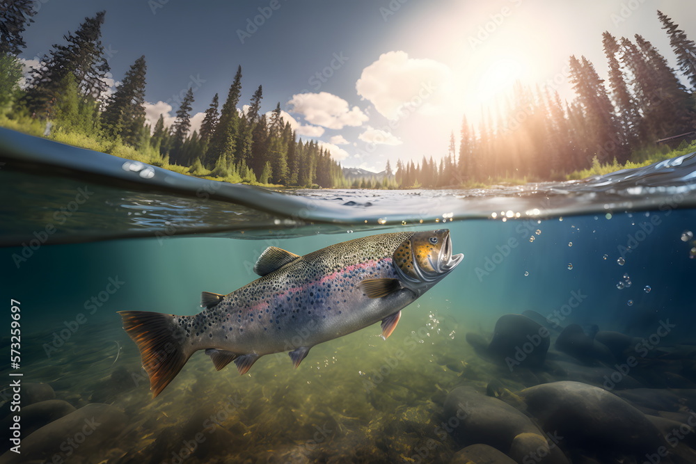 Fishing Rainbow trout fish splashing in the water of a forest lake