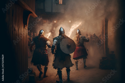 Photographie Attack of medieval warriors on village of city, arson of houses and buildings, the looting of the city
