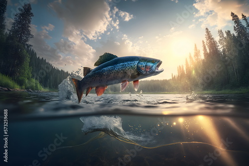 Fishing Rainbow trout fish splashing in the water of a forest lake. Fish jumps out of the river, clear water