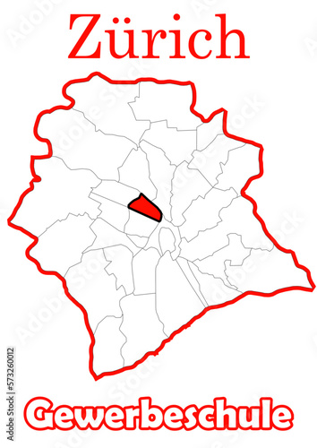 Schweiz - Zürich Stadtkarte mit Stadtteil Gewerbeschule hochauflösende Vektorkarte