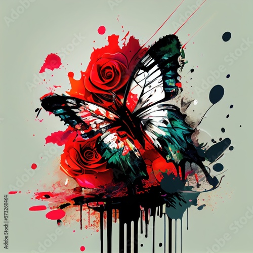 A painting of a red rose and a butterfly, paint splatter, effects, colourful, beautiful, art, and paint. This is a generative ai picture. © Dreamers Artists