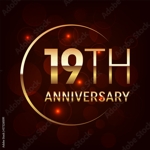 19th Anniversary logo design with golden number and text for anniversary celebration event, invitation, wedding, greeting card, banner, poster, flyer, brochure, book cover. Logo Vector Template