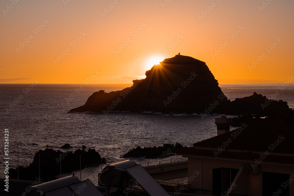 Rocks and cliffs in Porto Moniz on the island of Madeira, Portugal, Ilheu Mole, beautifu sunset
