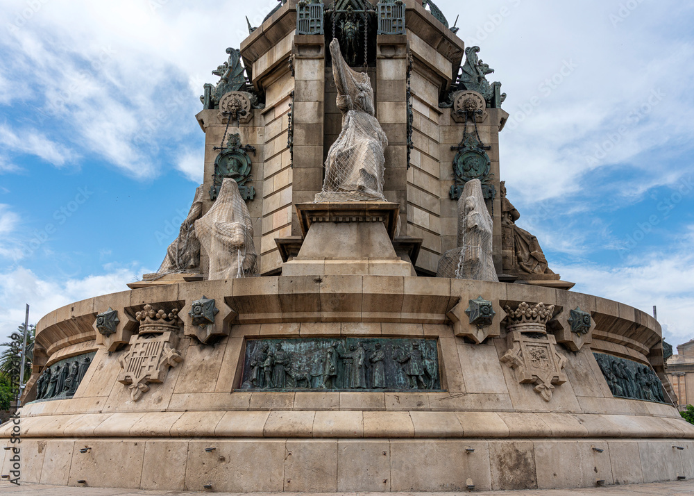 Detailfoto, Der Mirador de Colom , Sockel am Columbusdenkmal, Barcelona, Katalonien, Spanien