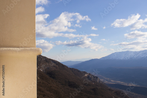 View of the high snow-capped mountains of Montenegro.
