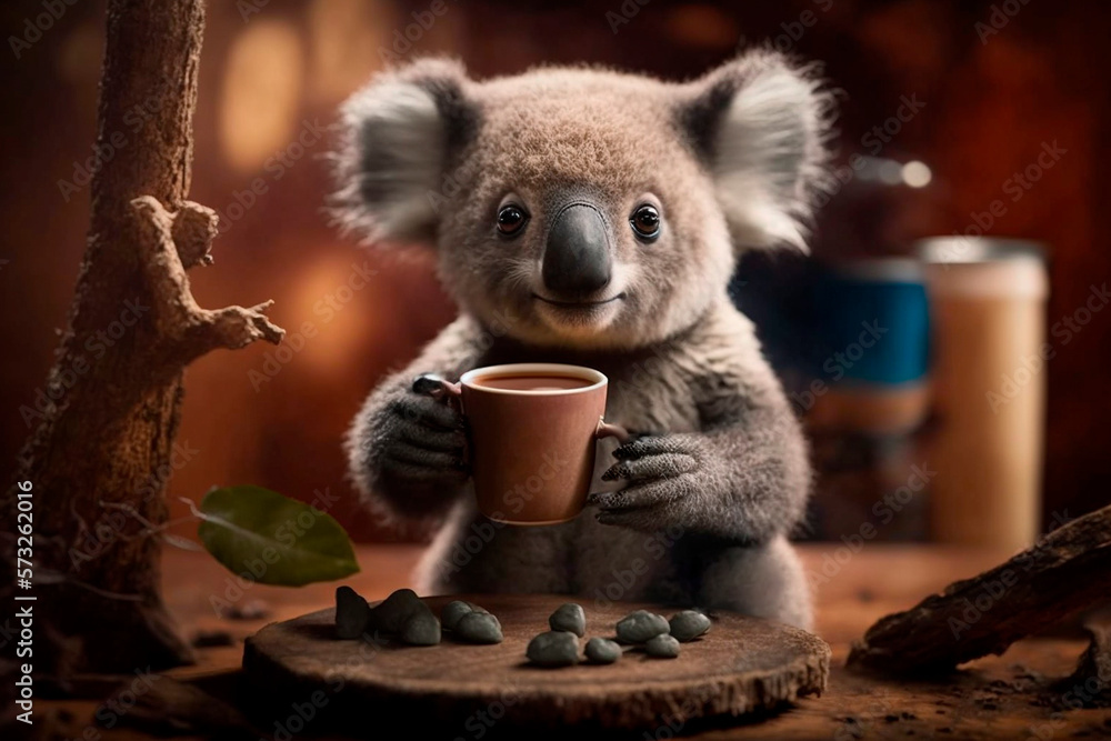 Obraz premium Koala drinking a cup of coffee in the morning AI generated Content