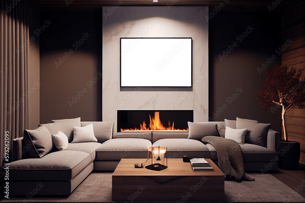 Interior design of a cozy living room with blank poster frames, fireplace, a plush sectional sofa and a sleek coffee table | Generative Ai | Modern and luxurious Living room | Mockup frames Interior design of a cozy living room with blank poster frames, fireplace, a plush sectional sofa and a sleek coffee table | Generative Ai | Modern and luxurious Living room | Mockup frames