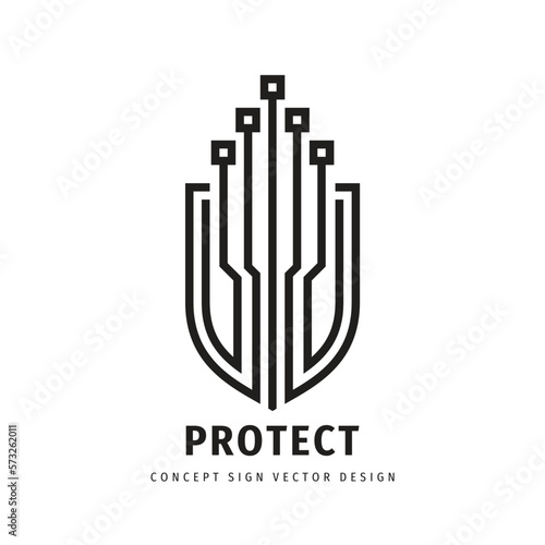 Data protect technology - logo vector illustration. Abstract shield symbol with electronic design elements. Antivirus creative logo sign. Protection guard security digital technology icon. 