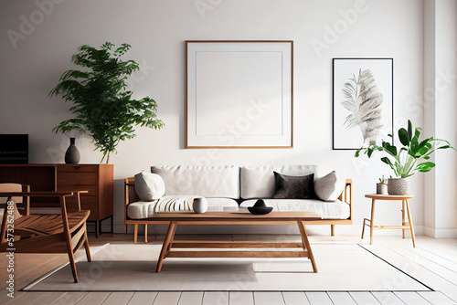 Interior design of a minimalist living room with a big blank poster frame above a cozy and comfortable sofa   Modern and simple living room with comfortable sofa and blank phot frame   Generative Ai