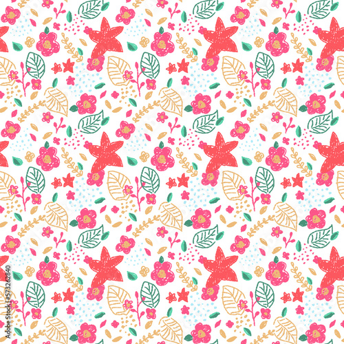 Abstract flower seamless pattern blooming on white background. Repeating floral design for wallpaper, print and card.