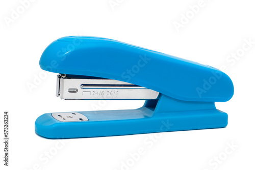 Blue office stapler isolated on white background photo