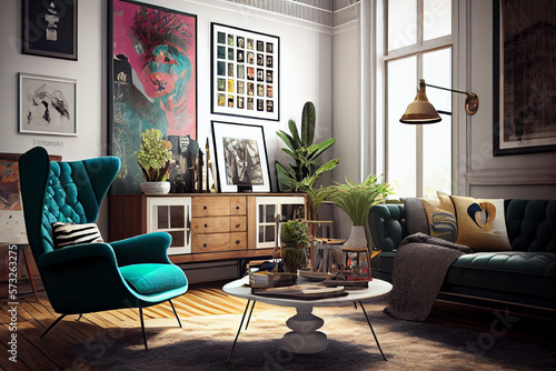 Interior design of an eclectic living room with a comfortable long sofa and armchair | Modern and luxurious living room with a long sofa, sleek coffee table and armchairs | Generative Ai photo