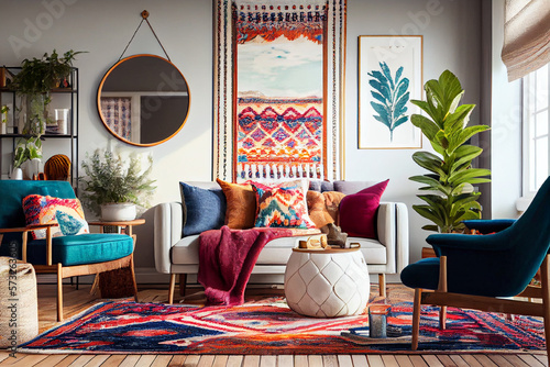 Interior design of a bohemian living room with a big blank poster frame, comfortable sofa, colorful pillows and colorful Persian rug | Generative Ai | Indoor décor | Modern and luxurious Living room
