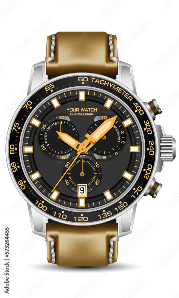 Realistic silver black watch chronograph yellow face leather strap on white backgrounddesign for men fashion vector Realistic silver black watch chronograph yellow face leather strap on white backgrounddesign for men fashion vector