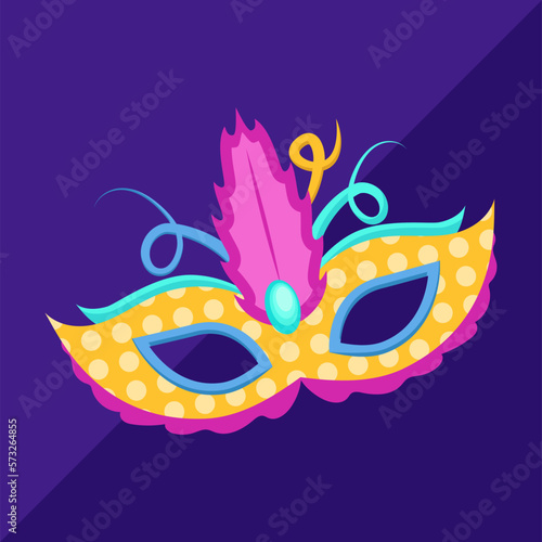 Masquarede costume golden mask, carnival elegant mask in cartoon style for holidays, vector decorative object for parties and festivals.