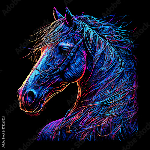 Abstract Beautiful horse head with colorful lights on black background. Colorful design for t-shirt print. Generative AI