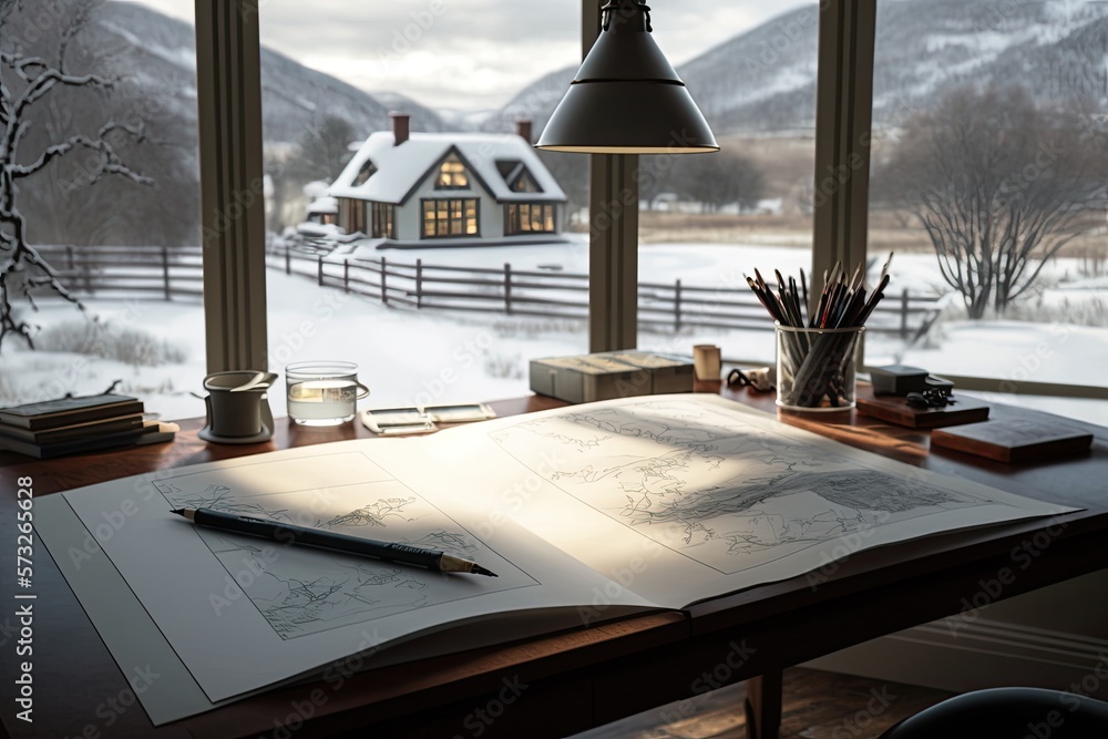 Fototapeta premium A pencil sketch in an album on a table in a country cottage. Illustration generated by AI.