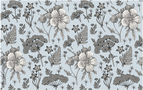 Seamless pattern fabric. Beautiful realistic isolated flowers. Vintage background. Hibiscus, Wahlenbergia Hemlock fern wildflowers. Wallpaper baroque. Drawing engraving. Vector victorian illustration