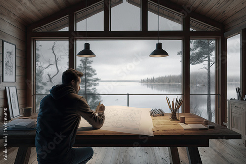 A male architect makes architectural drawings at a large table in a modern country house. Photorealistic illustration generated by AI.