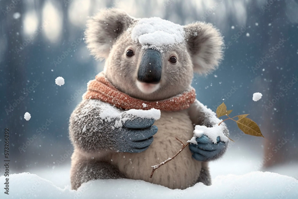 Koala in winter sits in the snow with snowflakes AI generated content Koala in winter sits in the snow with snowflakes AI generated content