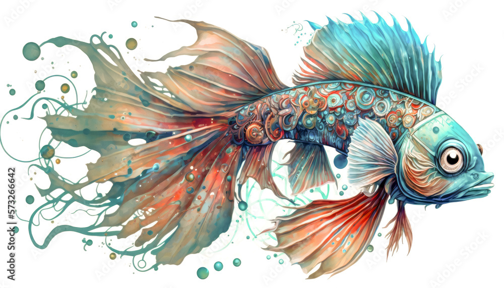 Fototapeta premium Beautiful graceful fish watercolor art with patterns on white. Generative AI